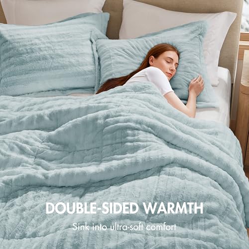 Seit Clúdaigh Faux Fur Duvet, Leapa Ultra-Bhog Plush le hUigeacht Ribeach, Socrú Clúdaigh Cosnóra Só Chluthar