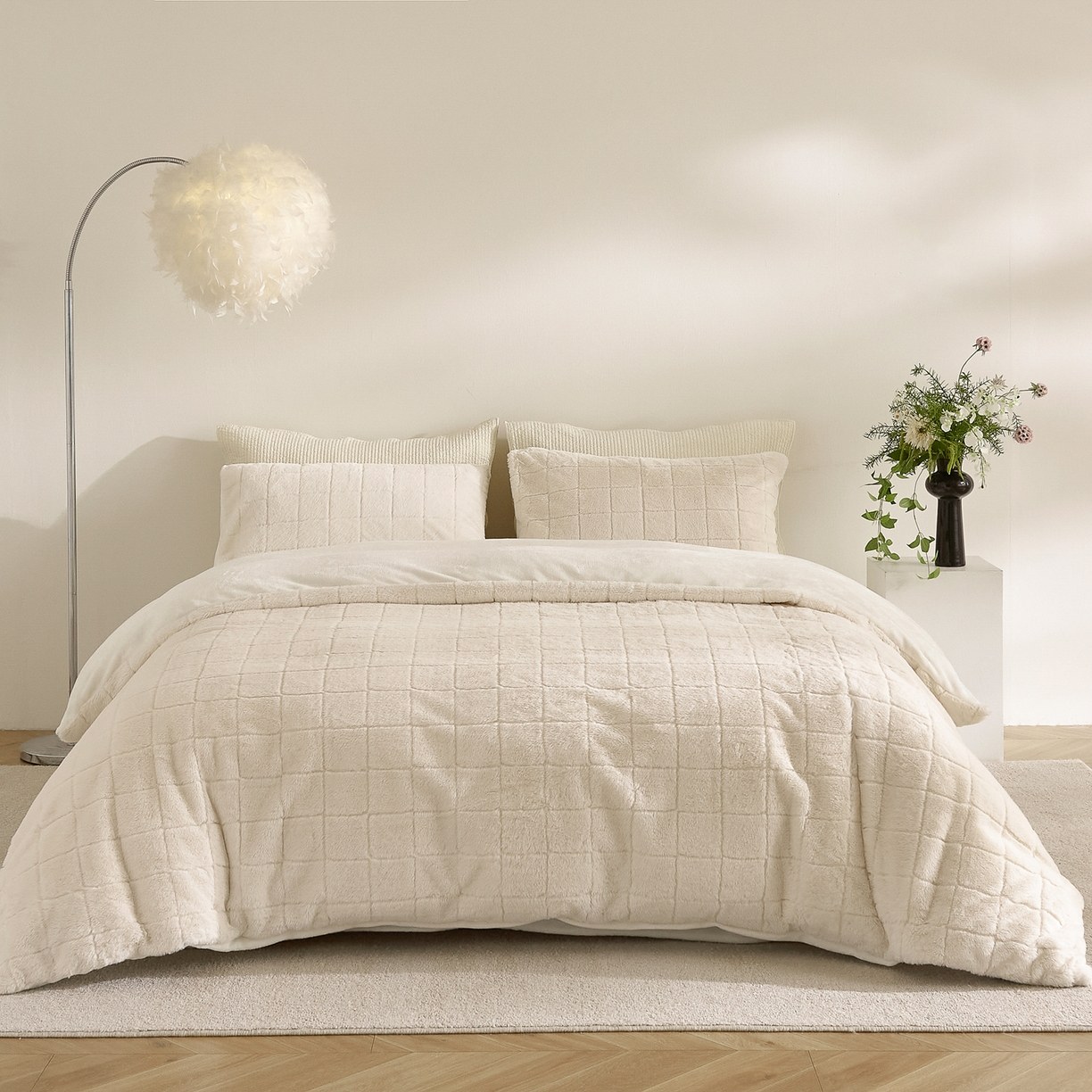 Tacar Comforter Veilbhit Coinín Bréige Seiceáilte Fur & Bainne - Tacar Leapa 3 Phíosa Jacquard Bog